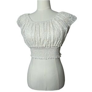 New Pink City Prints Tuckernuck Smocked White Eyelet Crop Top Size M Y2K garden